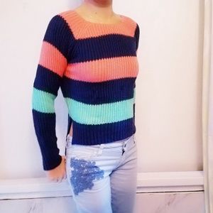 New Coral Teal Navy Striped Sweater Small